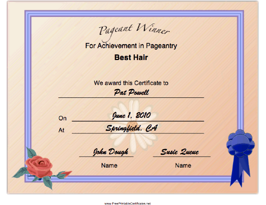 Pageant Best Hair Achievement certificate