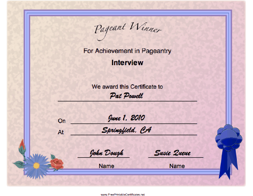 Pageant Interview Achievement certificate