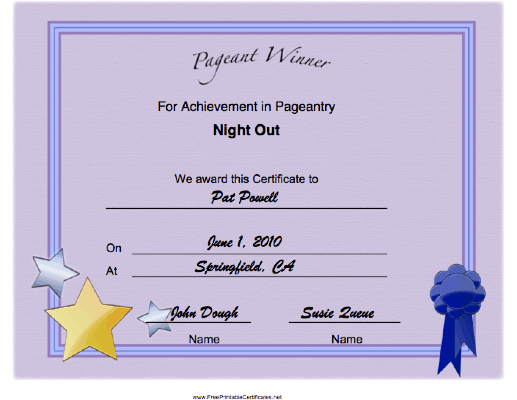 Pageant Night Out Achievement certificate