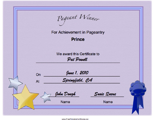 Pageant Prince Achievement certificate