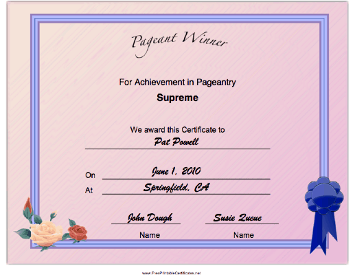 Pageant Supreme Achievement certificate