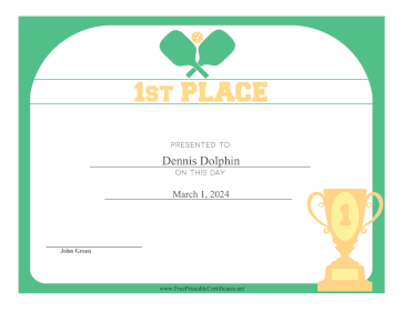 Pickleball First Place certificate