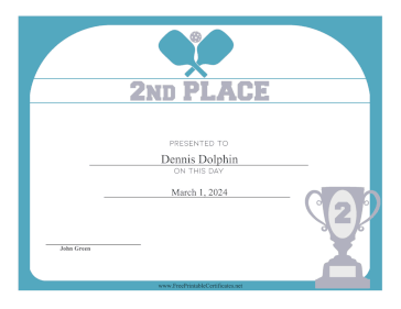 Pickleball Second Place certificate