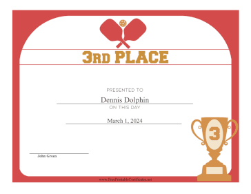 Pickleball Third Place certificate