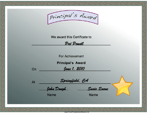 Principals Award certificate