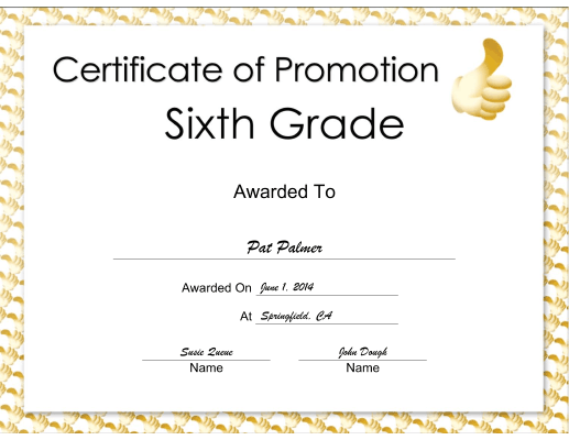 Sixth Grade Promotion certificate