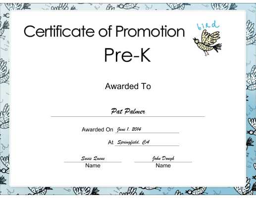 Pre-K Promotion certificate