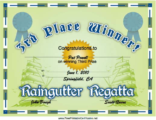 Raingutter Regatta 3rd Place certificate