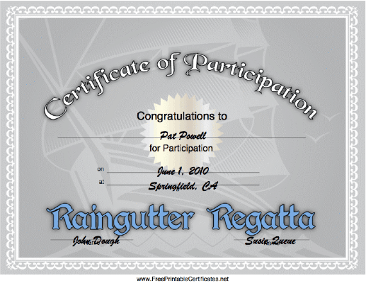 Raingutter Regatta Participation certificate