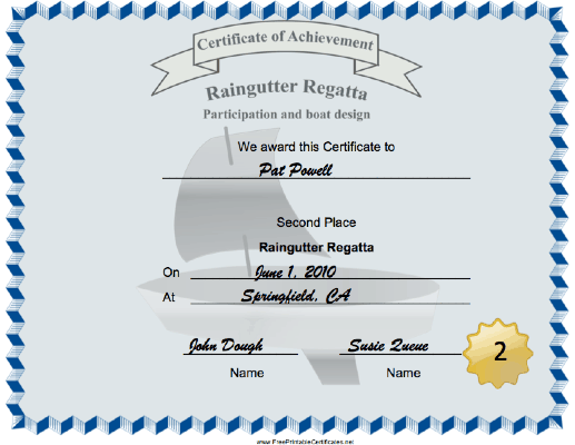 Raingutter Regatta Second Place certificate