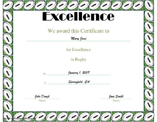 Excellence in Rugby certificate