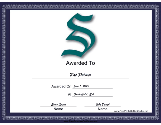 S Monogram certificate