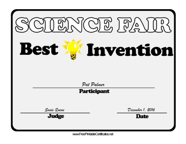 Science Fair Best Invention certificate