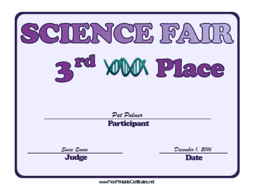 Science Fair Third Place certificate