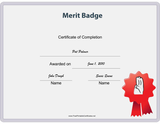 Scout Merit Badge certificate