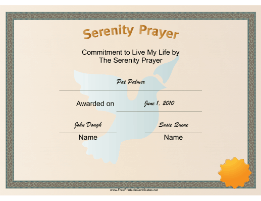 Serenity Prayer certificate