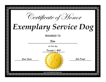 Service Dog Award certificate