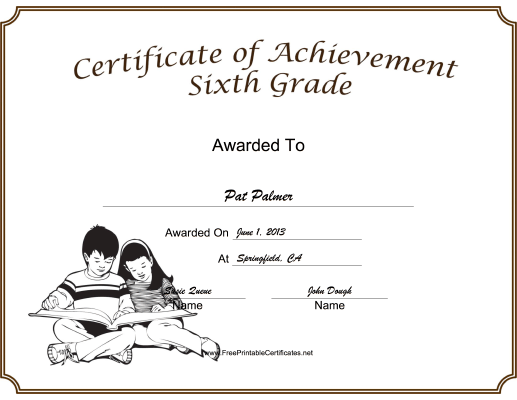 Sixth Grade Achievement certificate