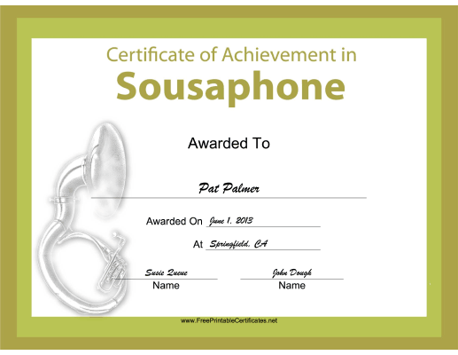 Sousaphone Instrumental Music certificate