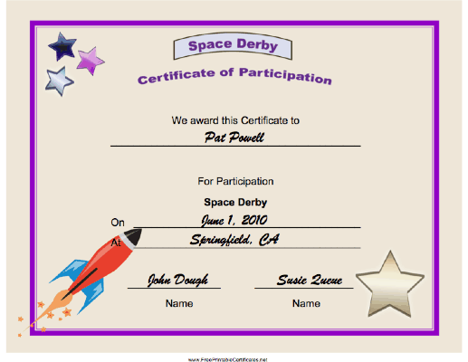 Space Derby Participate certificate