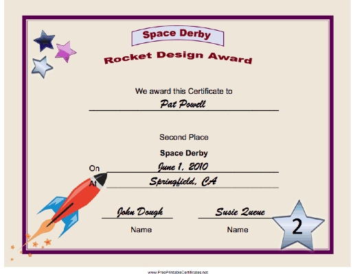 Space Derby Second Place certificate