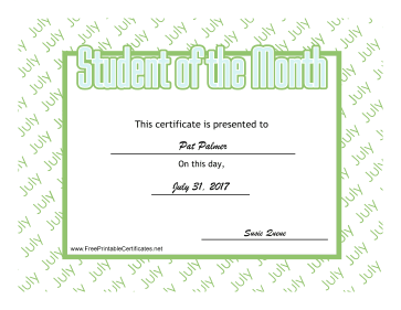 Student Of The Month July certificate