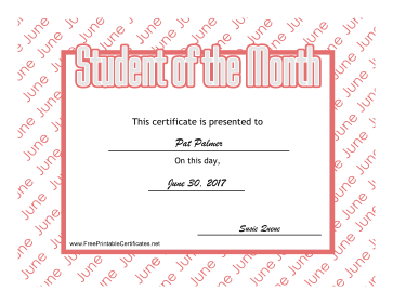 Student Of The Month June certificate