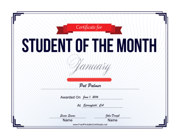 Student of the Month Certificate for January certificate