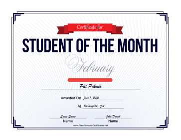 Student of the Month Certificate for February certificate