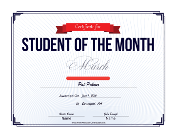 Student of the Month Certificate for March certificate