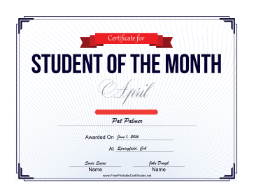 Student of the Month Certificate for April certificate