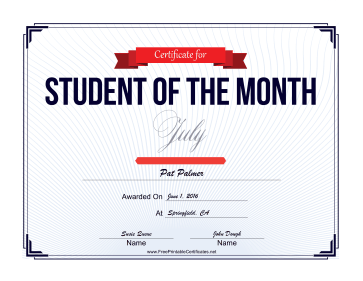 Student of the Month Certificate for July certificate