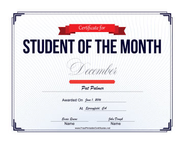 Student of the Month Certificate for December certificate