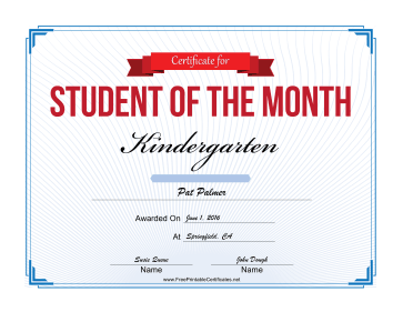 Student of the Month Certificate for Kindergarten certificate