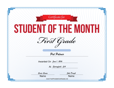 Student of the Month Certificate for First Grade certificate