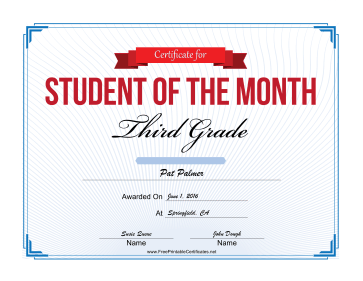 Student of the Month Certificate for Third Grade certificate