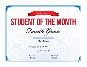 Student of the Month Certificate for Fourth Grade certificate