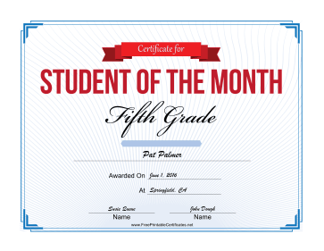 Student of the Month Certificate for Fifth Grade certificate