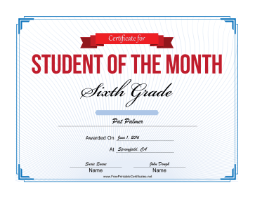 Student of the Month Certificate for Sixth Grade certificate