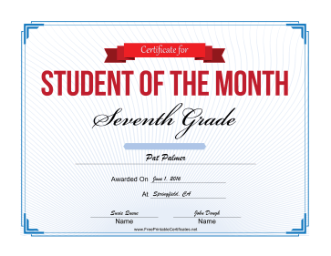 Student of the Month Certificate for Seventh Grade certificate