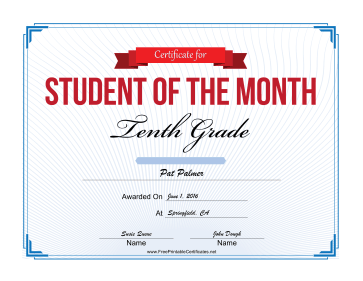 Student of the Month Certificate for Tenth Grade certificate