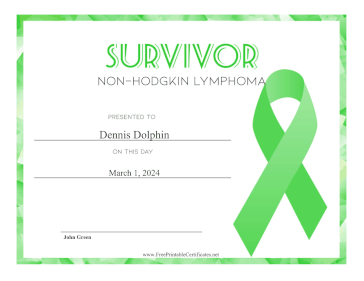 Survivor of Non-Hodgkin Lymphoma certificate