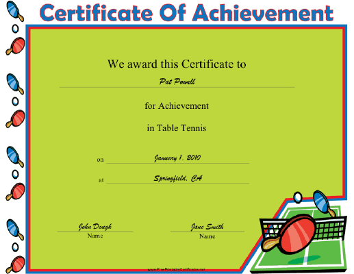 Table Tennis Printable Certificate