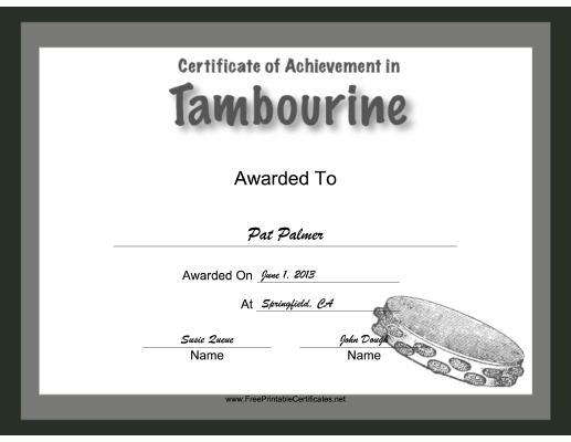 Tambourine Instrumental Music certificate