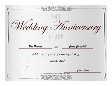 Tenth Wedding Anniversary Printable Certificate