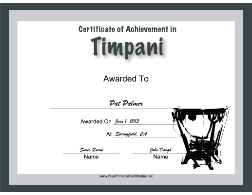 Timpani Instrumental Music certificate