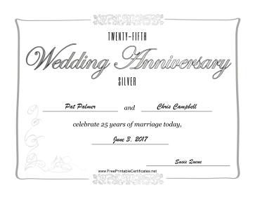 Twenty-Fifth Wedding Anniversary Printable Certificate