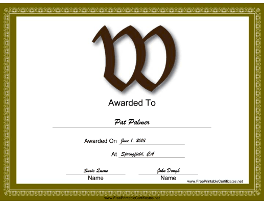 W Monogram certificate