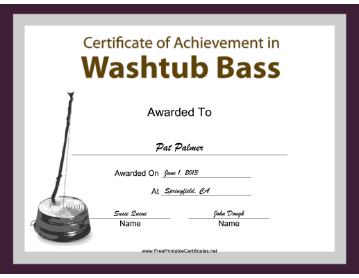 Washtub Bass Instrumental Music certificate