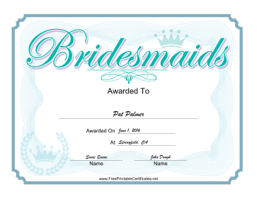 Wedding Bridesmaids certificate